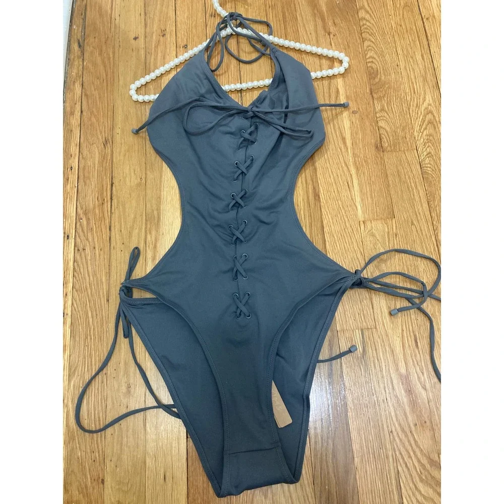 Skims Track Signature Swim Monokini Swimsuit Lace Up Gunmetal Gray Size 3X NWT